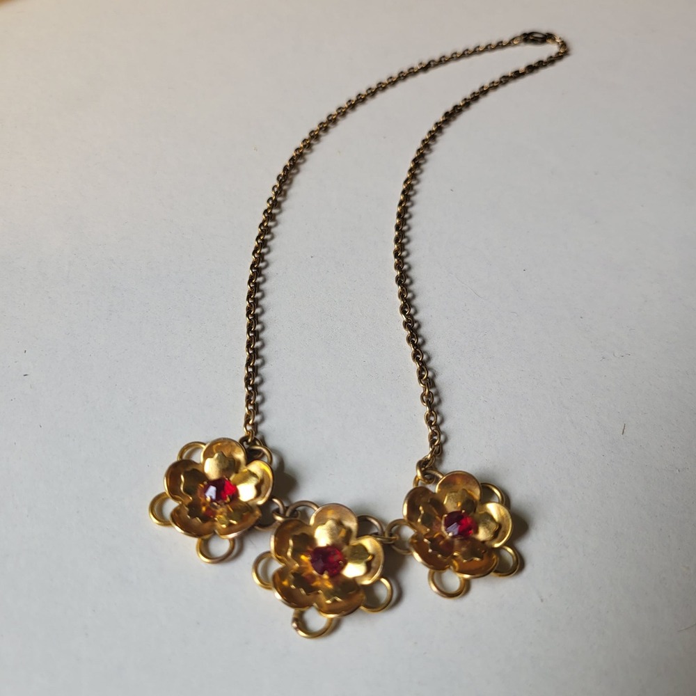 12K Gold Filled Signed Adorna Floral Bib Necklace Vintage Rhinestone